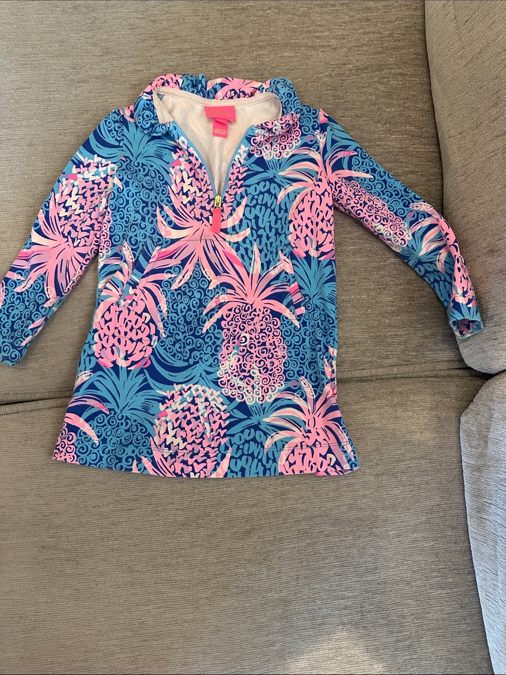 Lilly Pulitzer Girls Blue and Pink Pineapple Print zip dress with front pocket